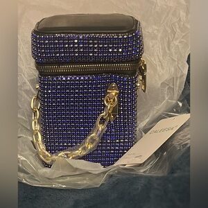 Blue Rhinestone Caleesa Mini Bag, Vegan Leather, with clip on strap & side chain